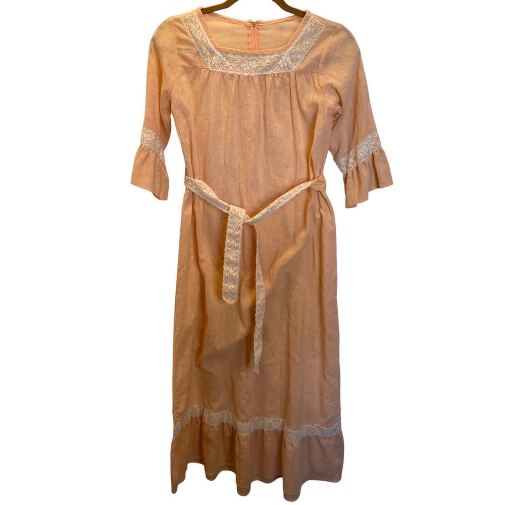 VINTAGE X 60s 70s Peach Lace Prairie Ruffle Belted Gown Small